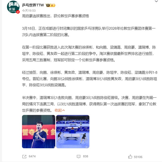 周启豪爆冷晋级世乒赛 国乒男队人才断层引关注